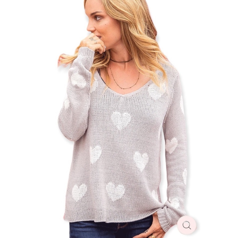 Wooden Ships Besotted Heart Print Cotton Blend Scoop Neck Knit Sweater Gray M/L